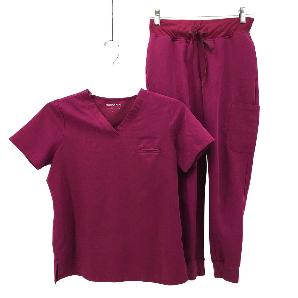 Mandala Scrubs Set Fuchsia Pink S V neck Top & XS Petite Jogger Bottom Nursing